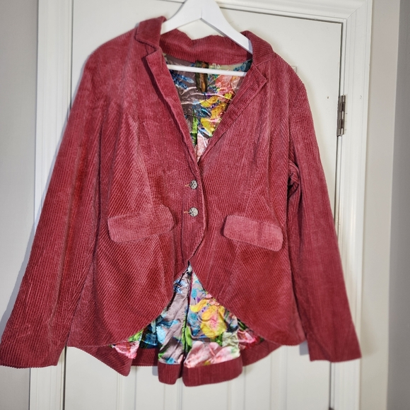 Aratta Anthropologie Pink Corduroy 'Alexander' Jacket Tan Elbows Floral Lined M - Picture 4 of 16
